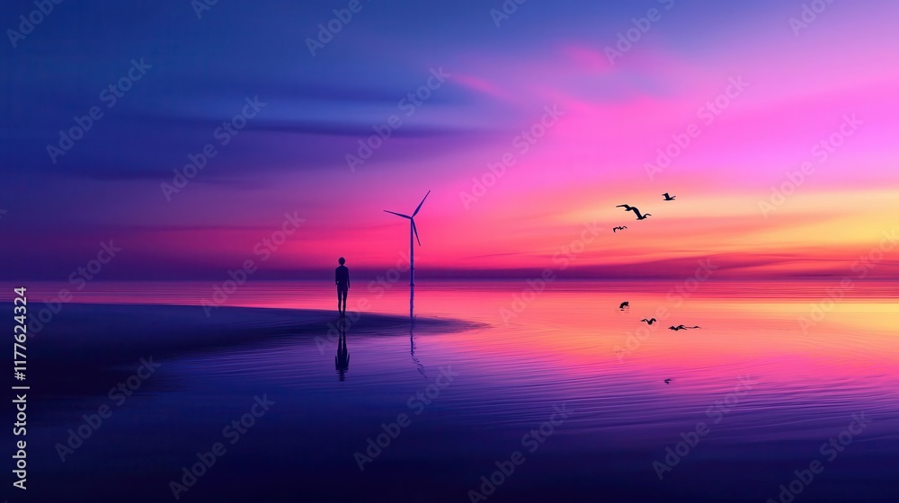 Obraz premium A wind farm on a coastal plain with seabirds circling, representing harmonious coexistence between energy and wildlife