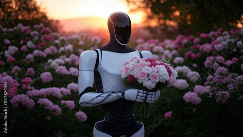 Cute humanoid robot holding a bouquet made of ai flowers for valentine's day photo