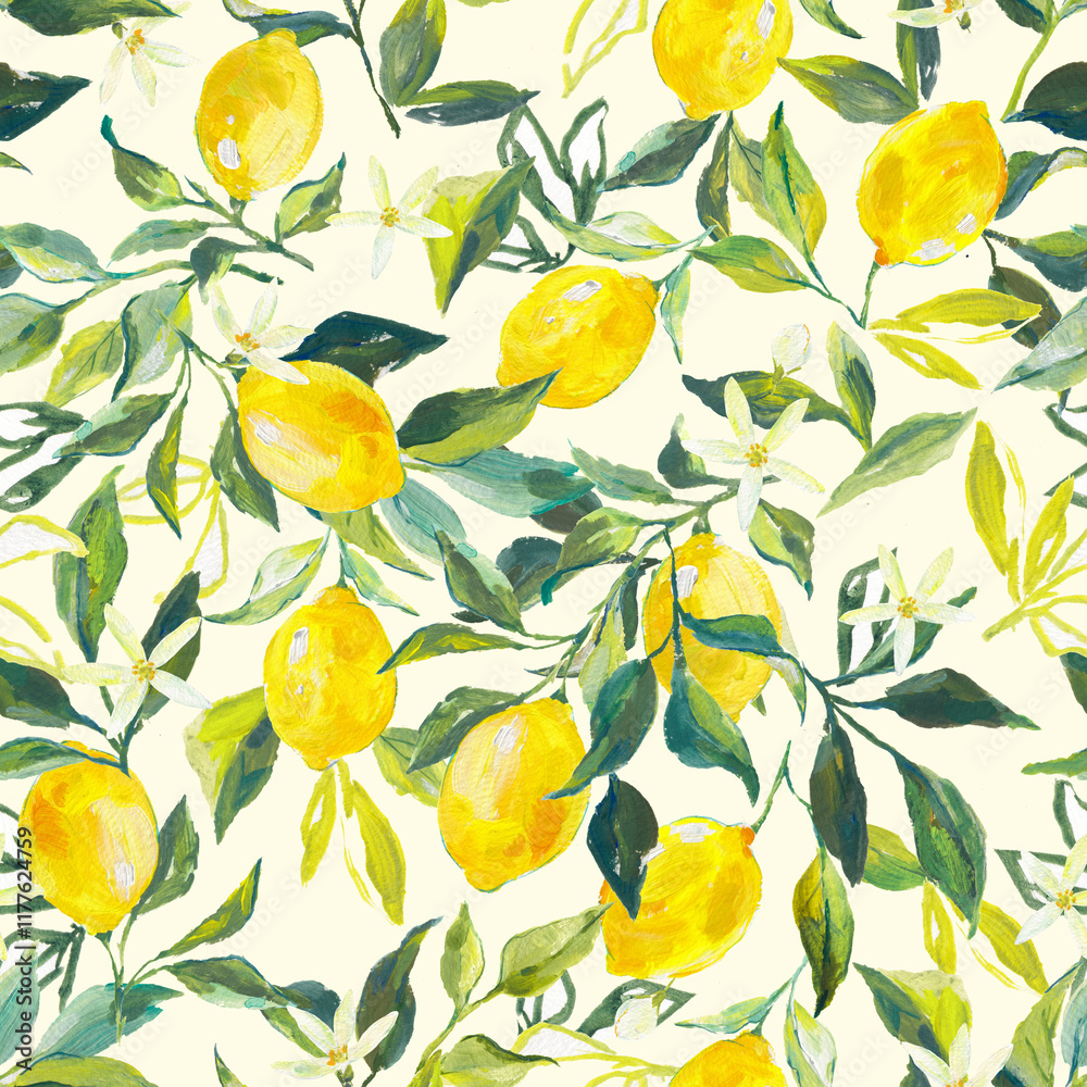Beautiful seamless pattern with watercolor fresh lemons with leaves and flowers in sunny Mediterranean style. Ready summer print design for wallpapers, wrappings, textile. Beautiful seamless pattern with watercolor fresh lemons with leaves and flowers in sunny Mediterranean style. Ready summer print design for wallpapers, wrappings, textile.