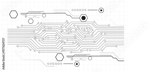 Seamless background vector of electronic circuit technology on white background. High-tech technology electronic system pattern, digital network scheme monochrome printed modern wallpaper vector textu