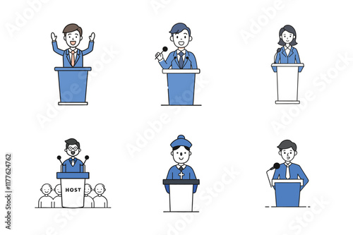 A vector illustration of a businessman giving a talk at a podium, on a white background.