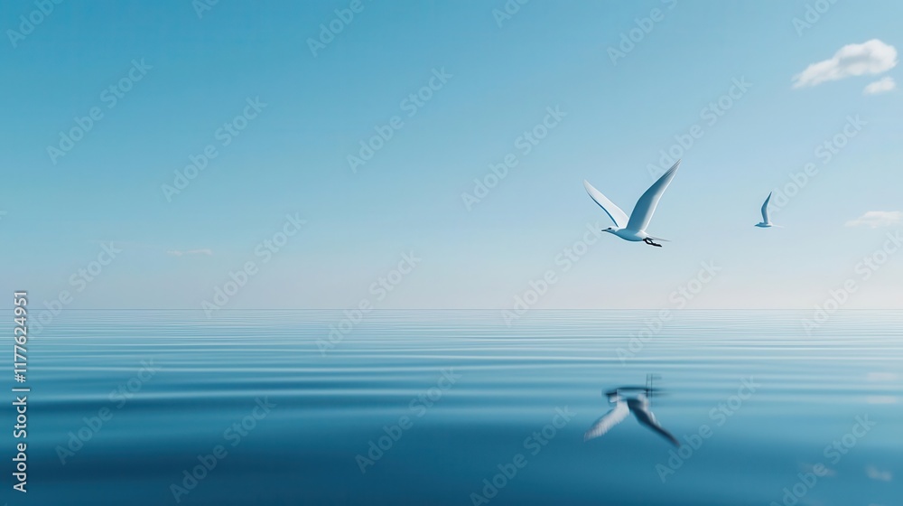 Fototapeta premium A wind farm on a coastal plain with seabirds circling, representing harmonious coexistence between energy and wildlife