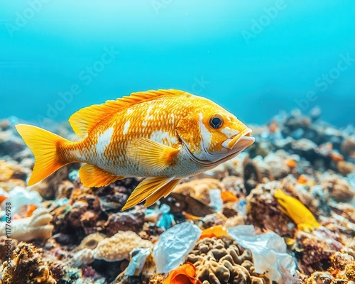 A fish swimming through a coral reef alongside discarded waste, showing the challenges of marine wildlife conservation photo