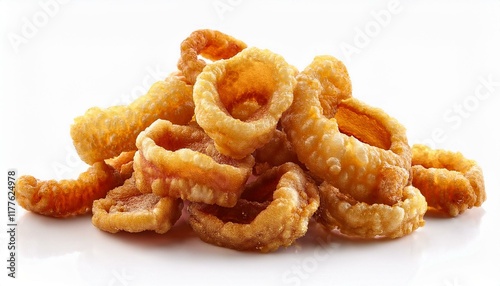 heap of traditional fried pork rind isolated on white background close up