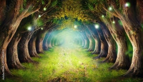 delusion woodland with a magical tunnel manufactured from trees a delusion panorama with inexperienced grass and sparkling fireflies a fable historical past depicting a magical environment