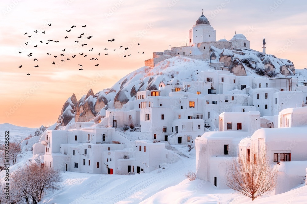 Fototapeta premium A serene view of Uchisar Castle towering over the Pigeon Valley in Cappadocia, with flocks of pigeons flying through the golden evening light