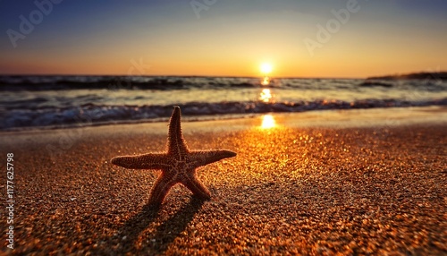 a small starfish sits at the seashore at some stage in sunset