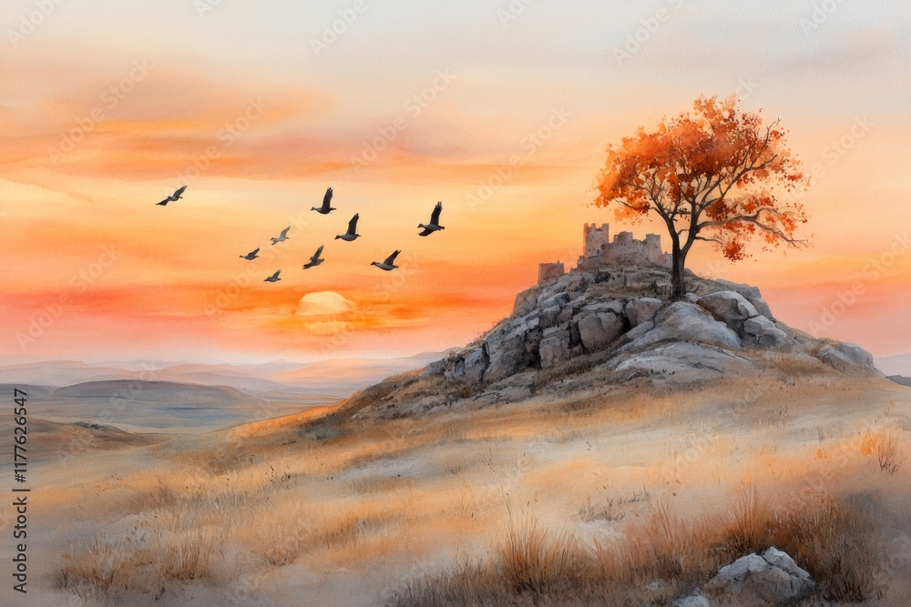 Obraz premium A soft watercolor painting of Uchisar Castle at sunset, with vibrant shades of orange and pink blending into the valley and pigeons flying in the distance