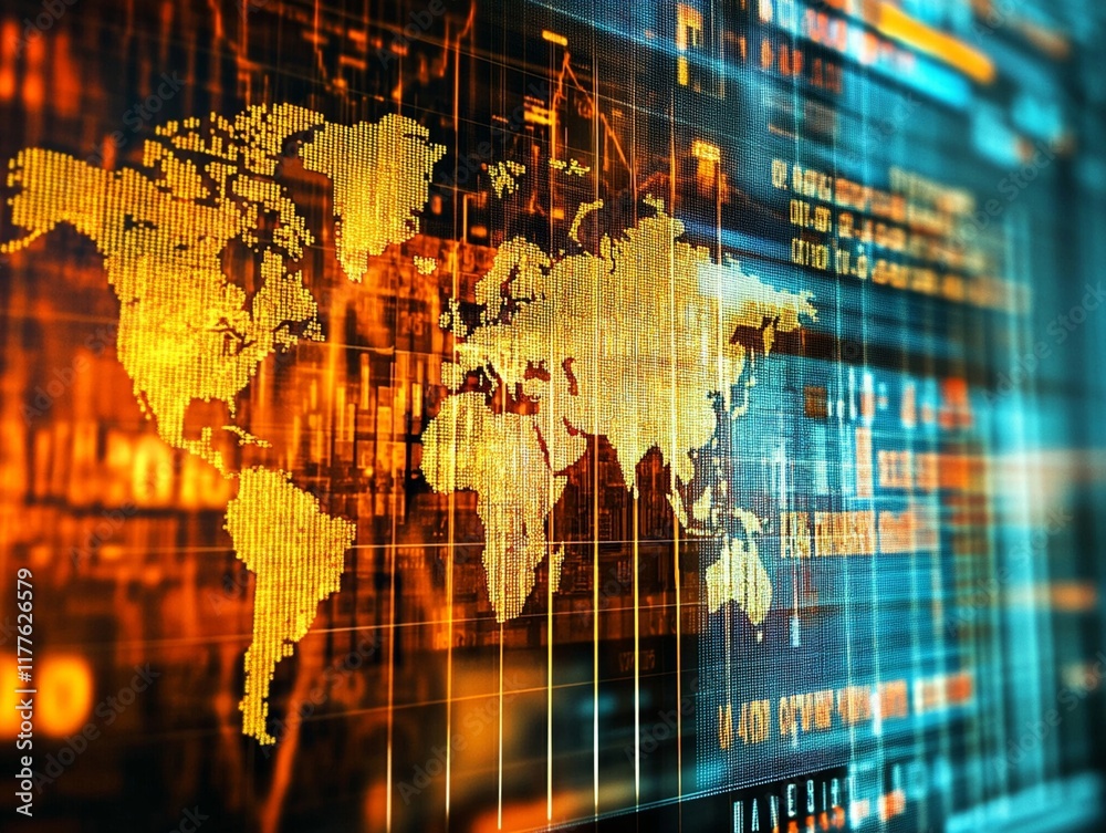 Obraz premium A Dynamic world map with data visualization elements, showcasing global trends