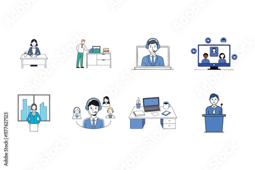 Vector illustration of a businesswoman giving a presentation at a modern office with a whiteboard and laptop, on a white background.