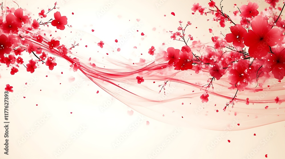 Fototapeta premium Red Cherry Blossoms Flowing With Delicate Fabric