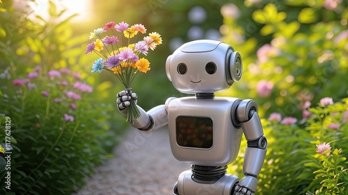 Cute robot holding a bouquet made of ai flowers