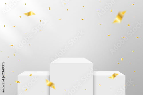 White Stage Podium with Golden Confetti and Streamer Ribbon on Gray Background. Celebration Banner. Vector Illustration