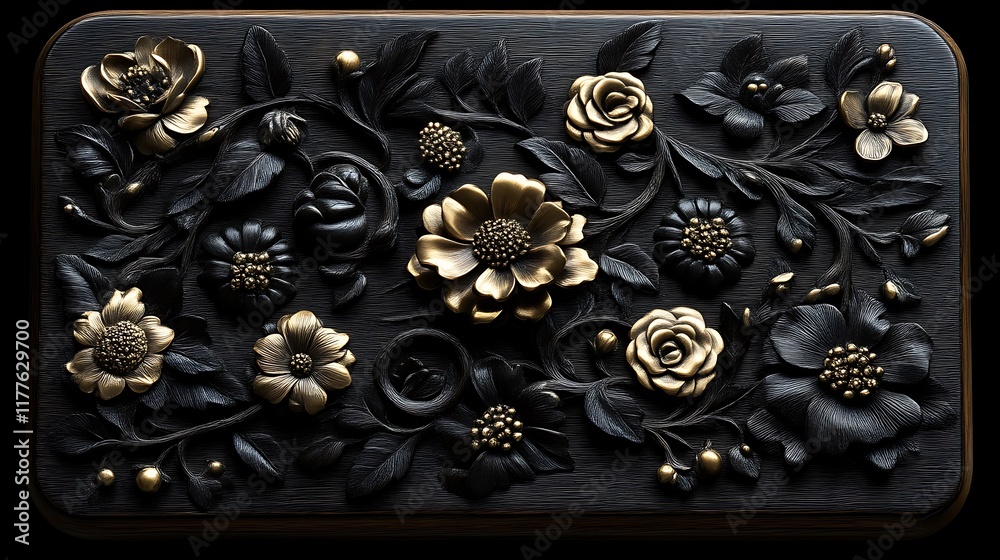 Obraz premium Intricate Black And Gold Floral Carving On Wooden Box