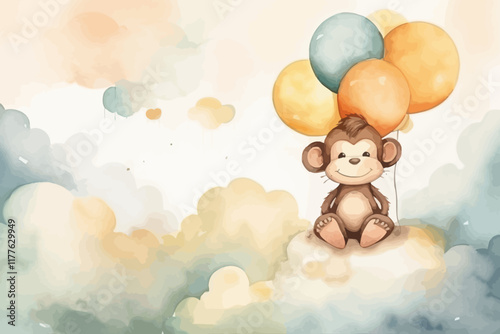 Watercolor background with monkey. Animal illustration. Baby shower element.