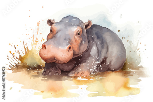 Watercolor background with hippopotamus. Animal illustration. Baby shower element.