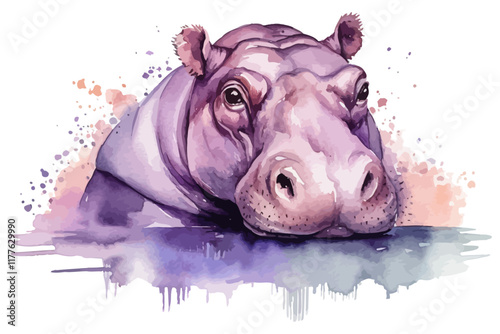 Watercolor background with hippopotamus. Animal illustration.
