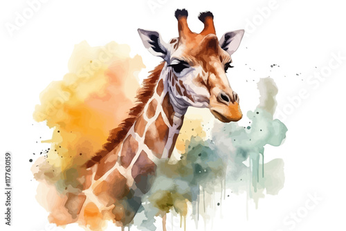 Watercolor background with giraffe. Animal illustration. Wild life.