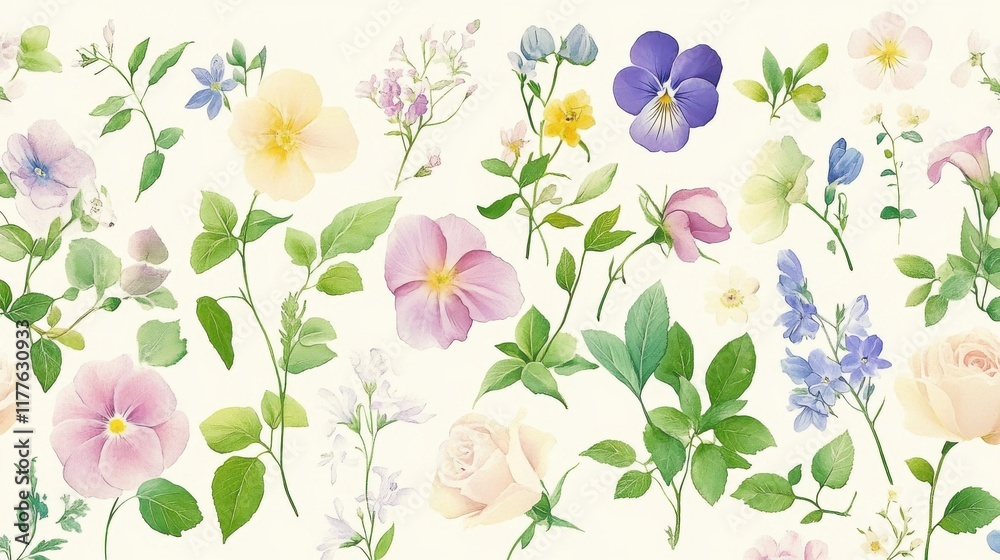 Fototapeta premium Watercolor seamless pattern with morning glories, violets, lilies, daisies, cosmos, ivy, irises, tulips, peonies, roses