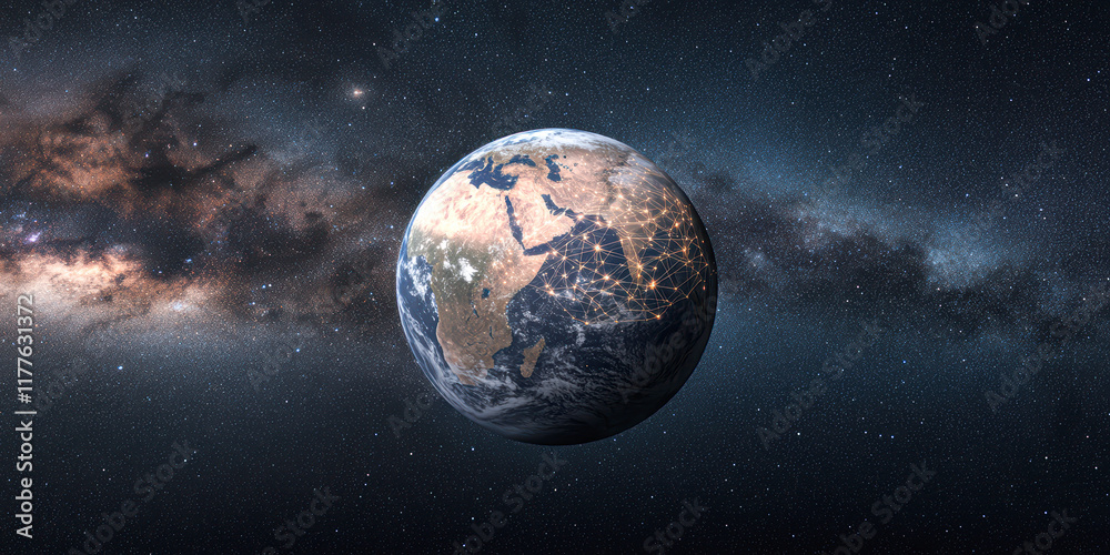 Naklejka premium A planet is shown in the center of a starry sky