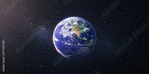 Fototapeta Naklejka Na Ścianę i Meble -  A blue and white planet in the middle of a dark sky