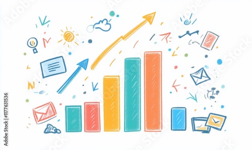 Hand-drawn growth chart with doodle icons. Possible use Business infographic