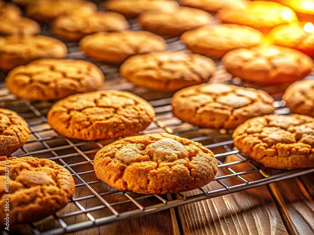 Panoramic View of Freshly Baked Golden Brown Cookies Cooling on a Wire Rack Panoramic View of Freshly Baked Golden Brown Cookies Cooling on a Wire Rack