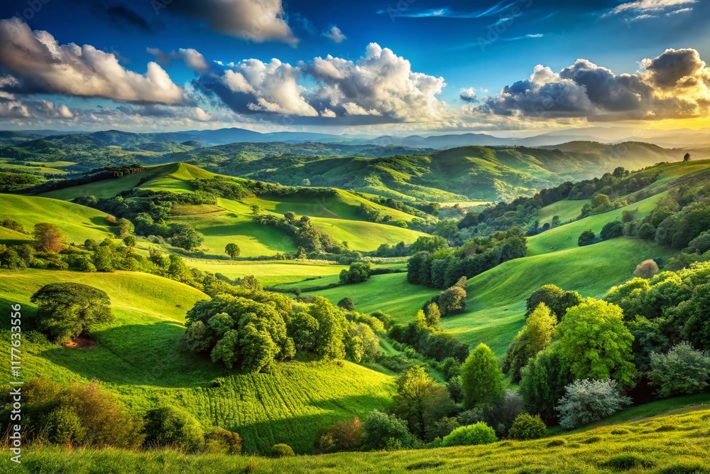 Obraz premium Panoramic View of Lush Green Field, Rolling Hills, and Vibrant Nature