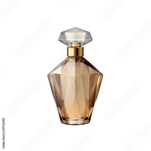 Elegant perfume bottle with a faceted glass design and a gold cap. The luxurious and stylish packaging is ideal for high-end fragrances and cosmetics. Isolated on transparent background, png.