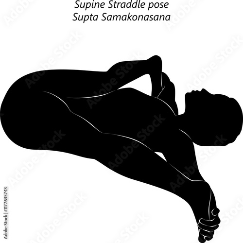 Silhouette of woman practicing Supta Samakonasana yoga pose. Supine Straddle pose or Reclining Straddle pose.Isolated vector illustration
