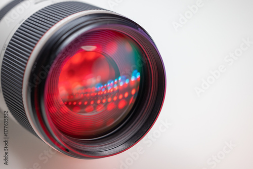 Close-up of camera lens with large copyspace