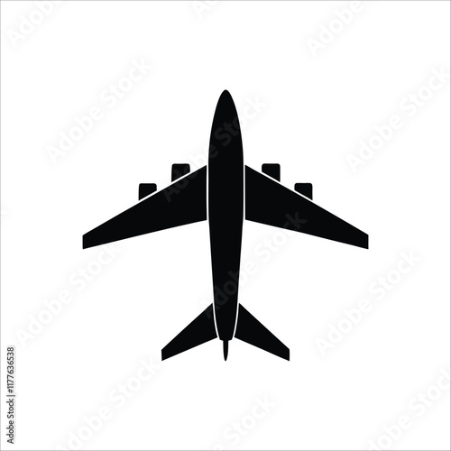 A clean, high-contrast black silhouette of a commercial airplane against a white background.