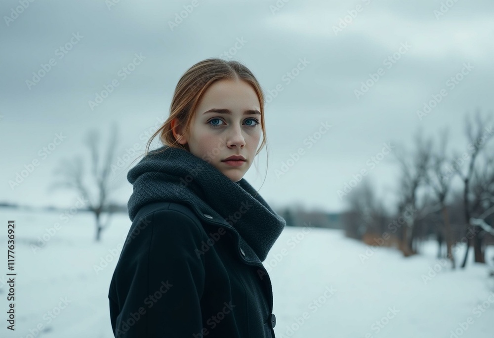 Young female in winter landscape with gloomy sky Young female in winter landscape with gloomy sky