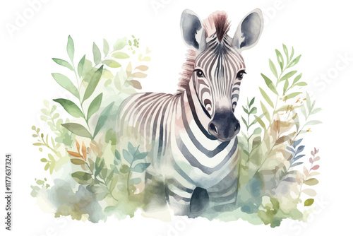 Watercolor background with zebra. Animal illustration. Wild life.