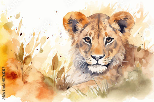 Watercolor background with lion. Animal illustration. Wild life.