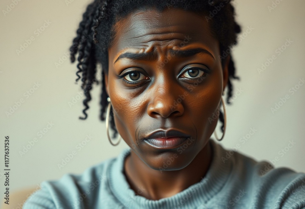 Portrayal of a woman with a somber expression Portrayal of a woman with a somber expression