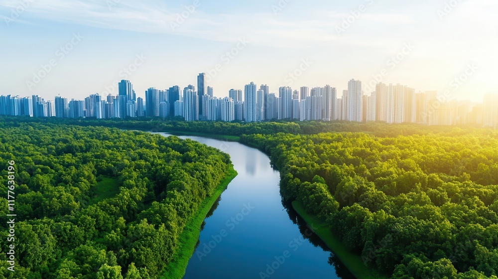 Obraz premium A rewilded river weaving through a city, providing natural cooling and flood prevention, symbolizing harmonious adaptation