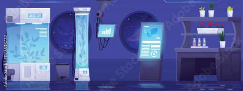 Vector illustration of a secret laboratory in outer space with biotechnologies in a futuristic style.