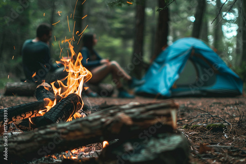 Campfire illuminating a tent in a dense forest creates a peaceful scene, perfect for a camping trip generative AI