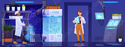 Scientific Biology laboratory interior with plants and scientists, vector flat laboratory assistant conducts experiment