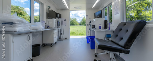 Mobile medical clinic interior; open door shows field; healthcare; examination room
