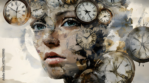 A digital collage of clock faces layered over a human face, symbolizing the personal and subjective perception of time in daily life 