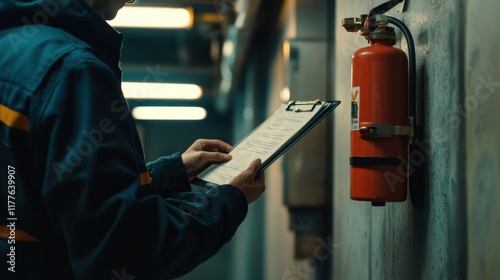 Fire Safety Officer Inspecting Fire Extinguisher with Checklist in Dimly Lit Industrial Hallway, Safety Inspection