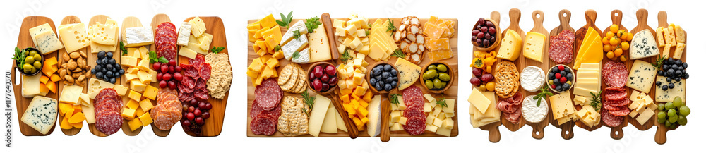 Assorted cheeses, fruits, nuts, and meats on wooden boards isolated on white background. Concept of gourmet food platters.