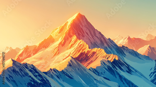 Breathtaking mountain sunrise golden sunlight illuminating snowcapped peaks and casting long shadows across the landscape perfect for outdoor or naturethemed designs. Snowcap. Illustration photo