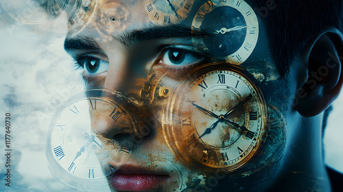 A digital collage of clock faces layered over a human face, symbolizing the personal and subjective perception of time in daily life 