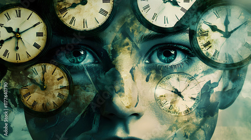 A digital collage of clock faces layered over a human face, symbolizing the personal and subjective perception of time in daily life  photo