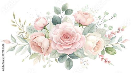 Delicate Watercolor Floral Arrangement with Soft Pink Roses, Peonies, Lush Eucalyptus, and White Accents