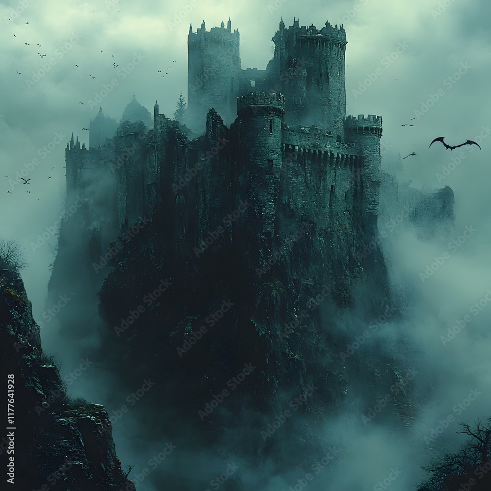 Fototapeta premium Dilapidated Jagged Castle Piercing Fog with Bats Circling Weathered Towers in Dramatic Lighting and High Contrast Romantic Mystery