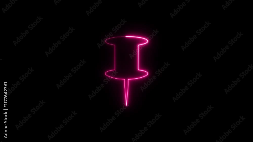 Glowing neon Push pin icon isolated on black background.